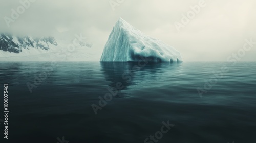 Large icebergs float in calm waters beneath a cloudy sky in a remote polar re...