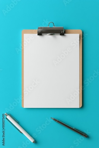 Blank clipboard and pens on a turquoise background for creative note-taking