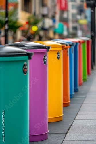 Colorful row of waste bins lining the walkway in a vibrant urban street durin...