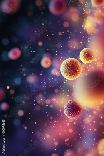 Colorful microscopic view of cells in a vibrant cosmic-like environment at night