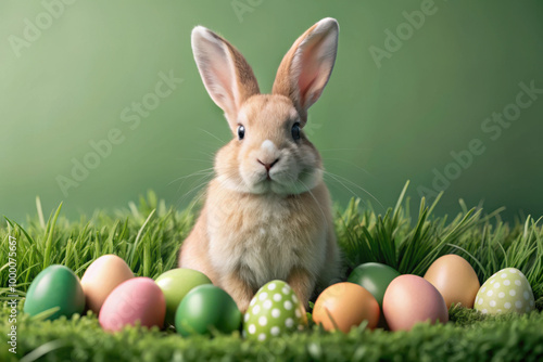 A fluffy rabbit surrounded by colorful eggs resting on green grass in a bright and cheerful spring setting. Generative AI