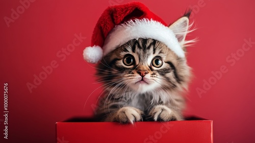 Cute kitten wearing a Santa hat peeking out of a red gift box against a festi...