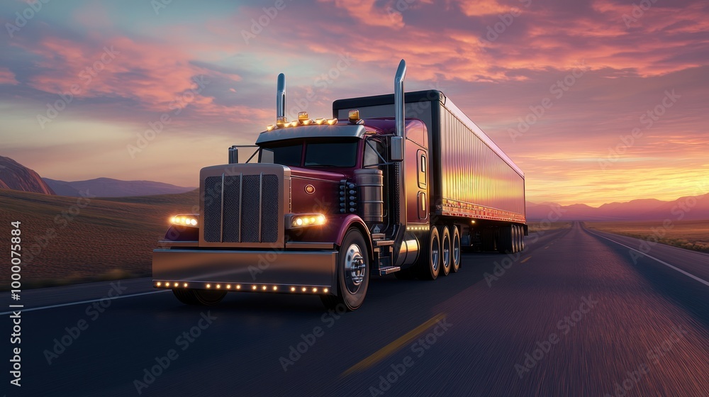 A red semi-truck with a trailer drives on a highway under a colorful sunset.