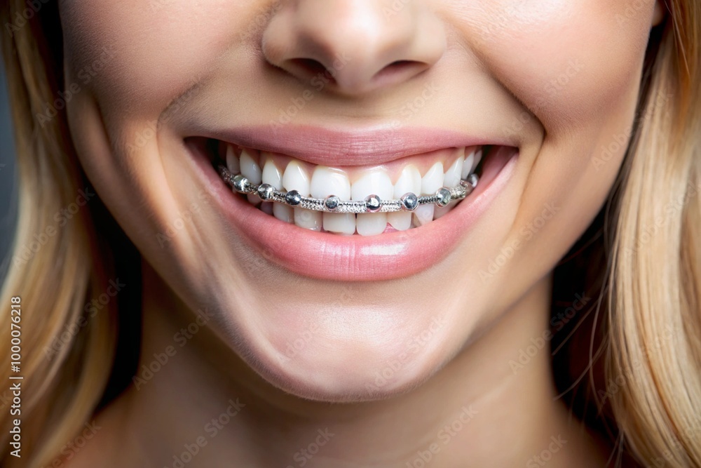 Obraz premium A woman with braces on her teeth is smiling
