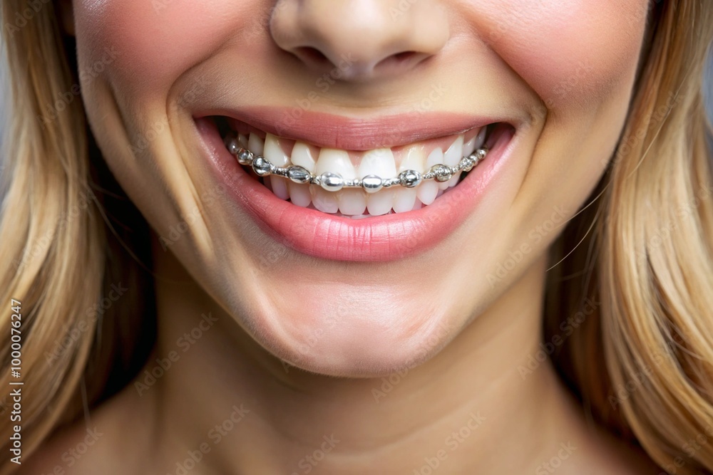 Obraz premium A woman with braces on her teeth is smiling