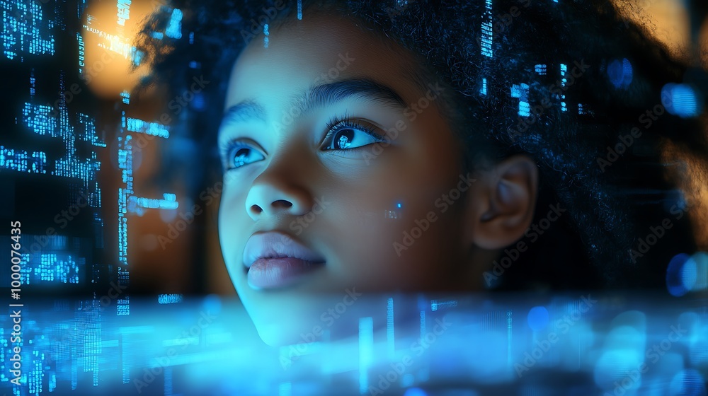 Inclusive education concept. Black school pupil studying IT at computer learning digital code online software ai cyber security threats Artificial intelligence cyberspace data coding ethical hacking Inclusive education concept. Black school pupil studying IT at computer learning digital code online software ai cyber security threats Artificial intelligence cyberspace data coding ethical hacking