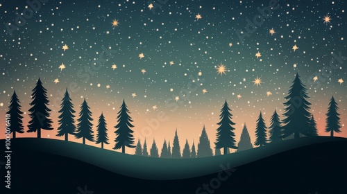 A serene winter night sky filled with stars over a silhouette of pine trees i...