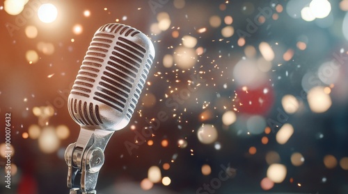 Vintage microphone on stage with shimmering lights creating a festive atmosph...