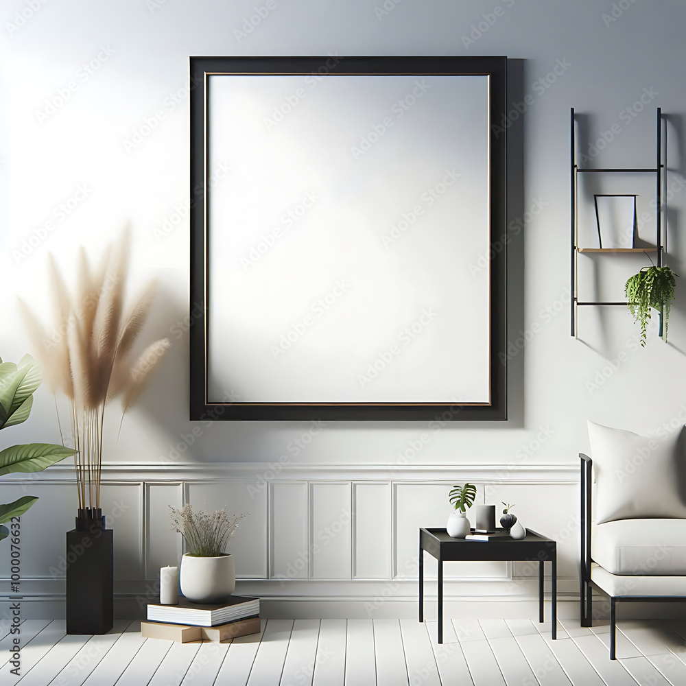 Frame mockup with in living room. Empty picture frame mockup on wall with plant.