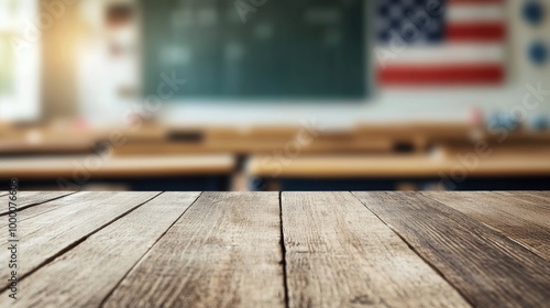 Wooden tabletop in a classroom with chalkboard and American flag in the backg...