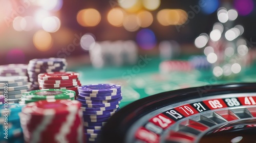 Exciting moments at a vibrant casino table featuring colorful chips and a rou...