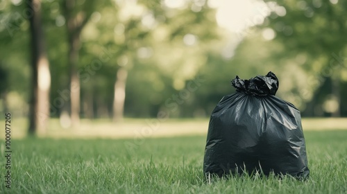 A black garbage bag placed on green grass in a serene forest setting during d...