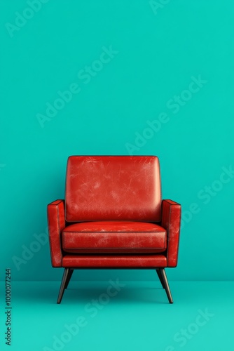 Bold red chair against a bright turquoise background in a minimalist setting