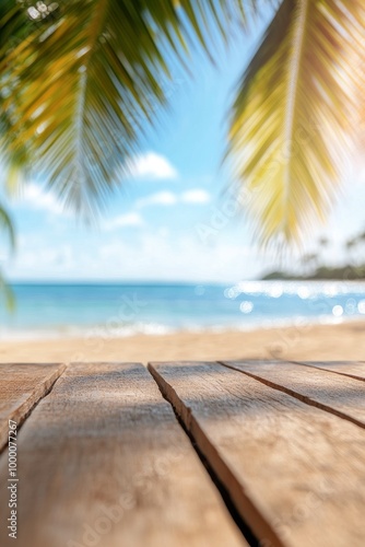 Tranquil beach view with palm trees and a wooden deck on a sunny day