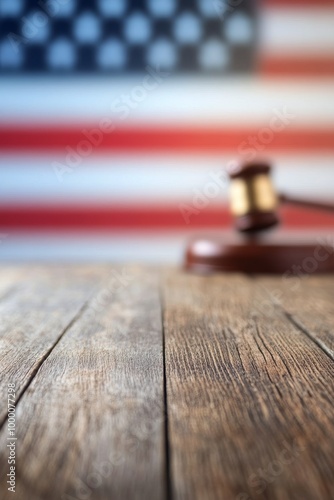 American flag background with rustic wooden surface in soft focus, perfect fo...
