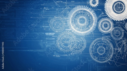 Detailed blueprint of mechanical gears with a blue background illustrating en...