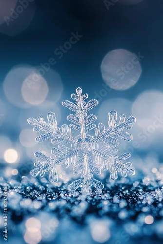 Delicate snowflake glistening against a dark background during a winter night