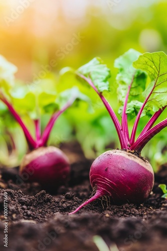 Freshly harvested beets growing in rich soil on a sunlit farm during early su...