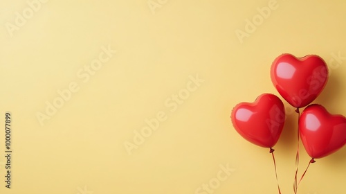 Bright yellow background with red heart-shaped balloons floating cheerfully t...