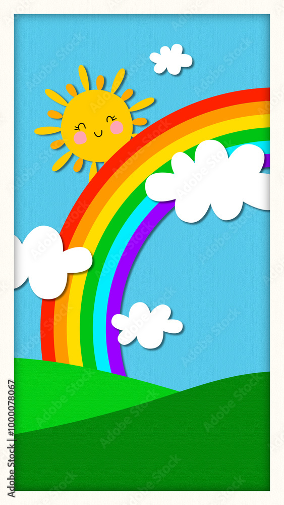 Fototapeta premium sun and rainbow and clouds in the blue sky landscape frame, green meadow paper texture, kids fairy tale and nursery rhyme vertical wallpaper