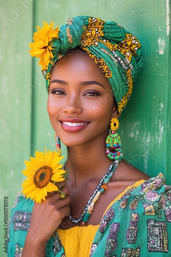 A smiling woman with a sunflower, wearing colorful attire and standing by a g...