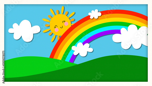 Photography sun and rainbow and clouds in the blue sky landscape frame, green meadow paper t