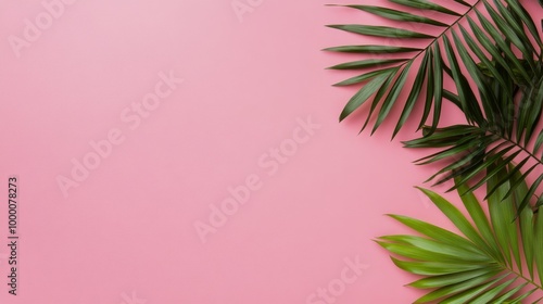 Lush palm leaves arranged on a vibrant pink background creating a tropical vibe