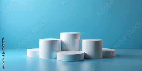 Minimalist White Cylindrical Platforms on Light Blue - Modern Geometric Display Stand with Clean, Calm Aesthetic for Product Showcase or Exhibition