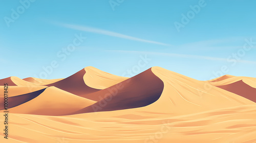 Vast desert expanse showcasing rolling sand dunes beneath a clear blue sky, embodying natures raw beauty and resilience. Rolling Dunes. Illustration