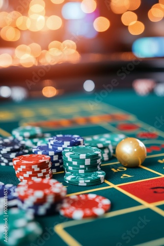 Colorful chips stacked on a roulette table in a busy casino with bright light...