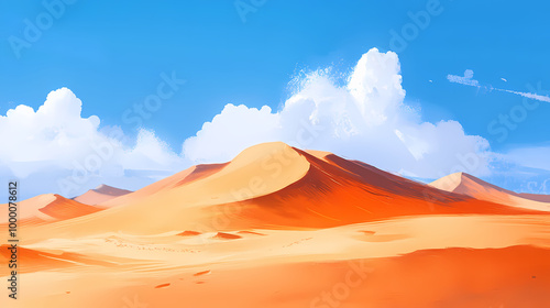 Vast rolling sand dunes beneath a vibrant blue sky embodying tranquility, solitude, adventure, and the beauty of nature. Rolling Dunes. Illustration