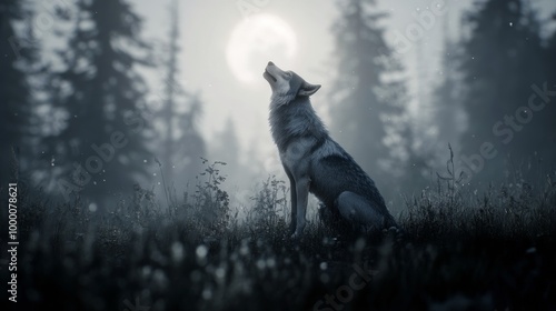 A grey wolf howls under the full moon in a misty forest at night