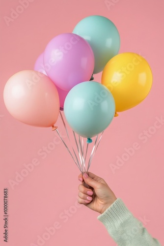 Colorful balloons held against a pastel backdrop, perfect for a festive celeb...