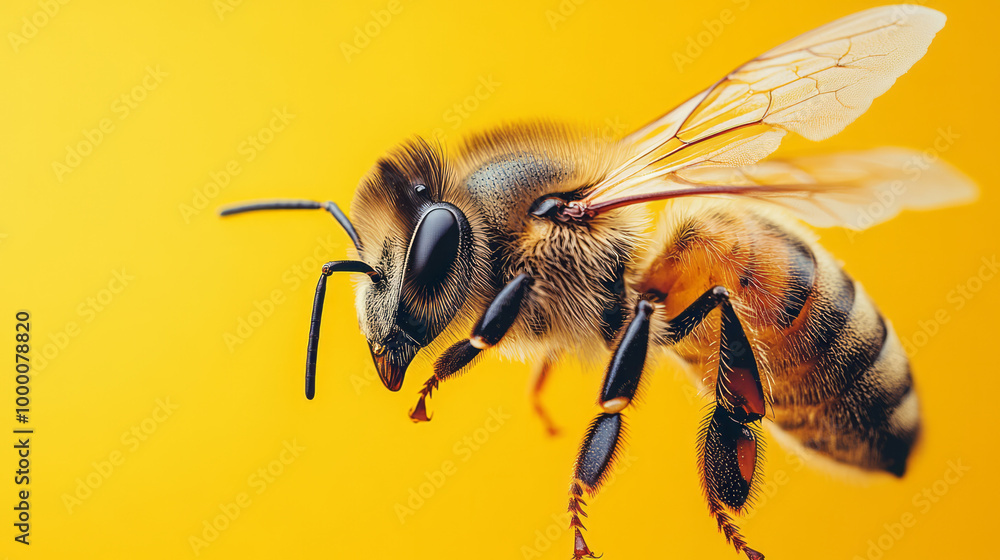 A honeybee in mid-flight, isolated on a pastel yellow background, showcasing its tiny wings and fuzzy body, A honeybee in mid-flight, isolated on a pastel yellow background, showcasing its tiny wings and fuzzy body,