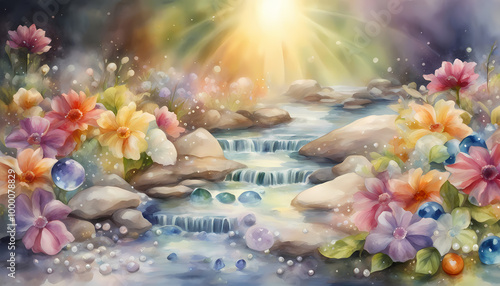 Magical Tropical Waterfall Paradise with Sunrays and Large Colorful Flowers with Fairytale Ambience photo