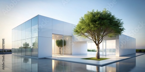 Modern Minimalist Architecture Sleek White Building with Reflecting Pool - Sophisticated Design and Tranquil Atmosphere, Architectural Photography Ideal for Real Estate and