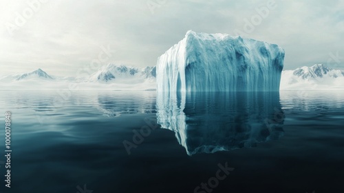 Majestic iceberg floating in calm waters surrounded by distant mountainous la...