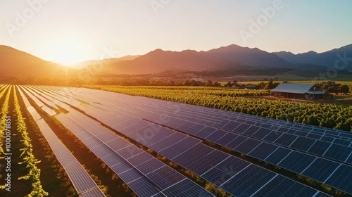Vineyard landscape with solar panels under a vibrant sunset in a mountainous ...