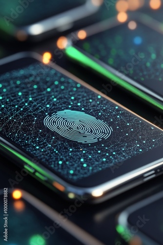 Modern smartphone displaying a fingerprint scan on a vibrant digital backgrou...