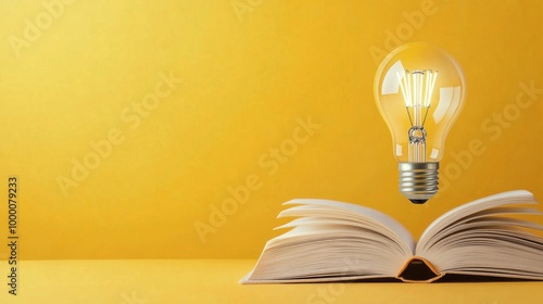 A floating light bulb above an open book against a vibrant yellow background