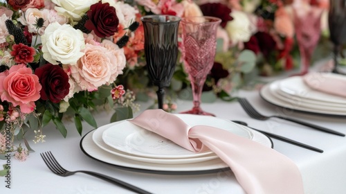 Elegant dining table set with blooming flowers and beautifully arranged plate...