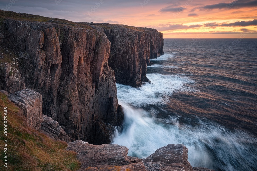 Fototapeta premium Dramatic Sea Cliffs and Waves at Sunset