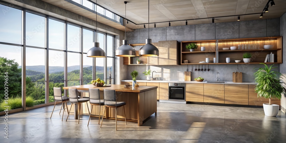 Serene Modern Kitchen Oasis with Wooden Island, Lush Green Views, and Industrial Chic Accents, Ideal for Interior Design Inspo or Home Decor Ads Serene Modern Kitchen Oasis with Wooden Island, Lush Green Views, and Industrial Chic Accents, Ideal for Interior Design Inspo or Home Decor Ads