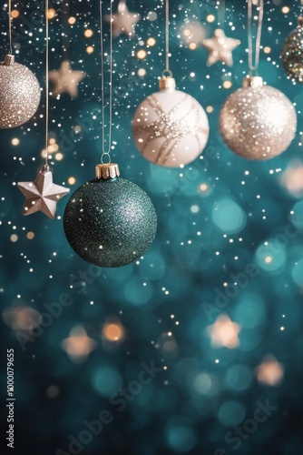 Elegant Christmas ornaments in shimmering colors hanging against a festive, s...