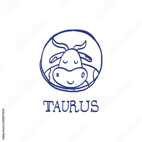 Taurus  zodiac sign. Hand drawn sketch. Blue pen or marker drawing. Astrological calendar, zodiacal round. Vector horoscope. Bull