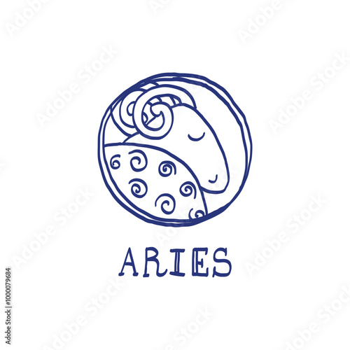 Aries zodiac sign. Hand drawn sketch. Blue pen or marker drawing. Astrological calendar, zodiacal round. Vector horoscope. Sheep