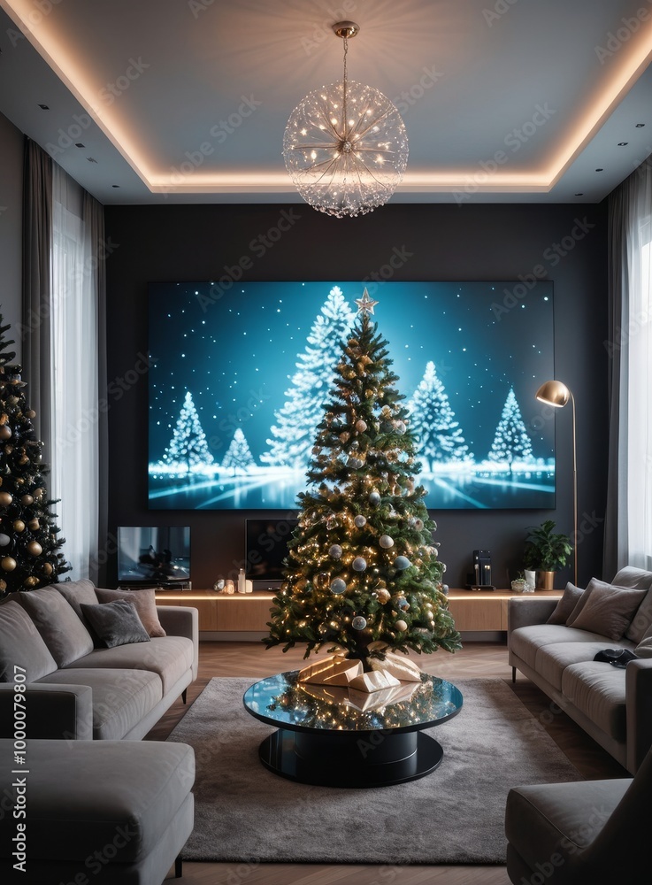 Fototapeta premium Modern living room with digital Christmas tree art display.