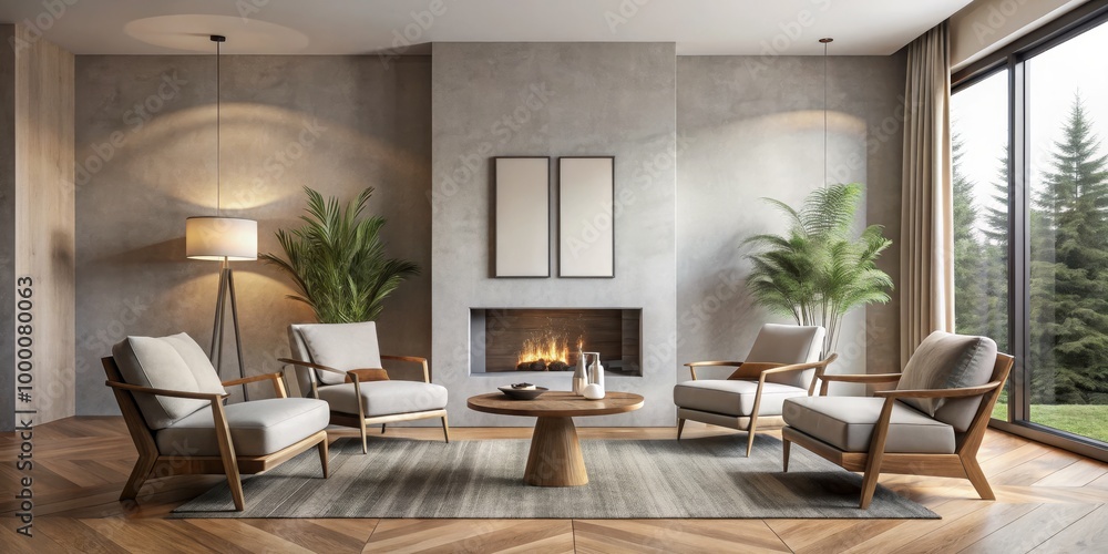 Symmetrical Elegance Luxurious Living Room with Fireplace, Herringbone Floor, and Nature View, Modern Interior Design Concept for Home Decor Magazines and Real Estate Listings Symmetrical Elegance Luxurious Living Room with Fireplace, Herringbone Floor, and Nature View, Modern Interior Design Concept for Home Decor Magazines and Real Estate Listings