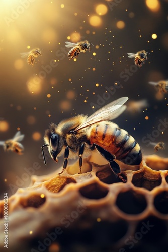 Bees collecting nectar from a honeycomb with a golden glow in a vibrant garde...