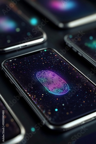 Modern smartphone displaying a fingerprint scan on a vibrant digital backgrou...